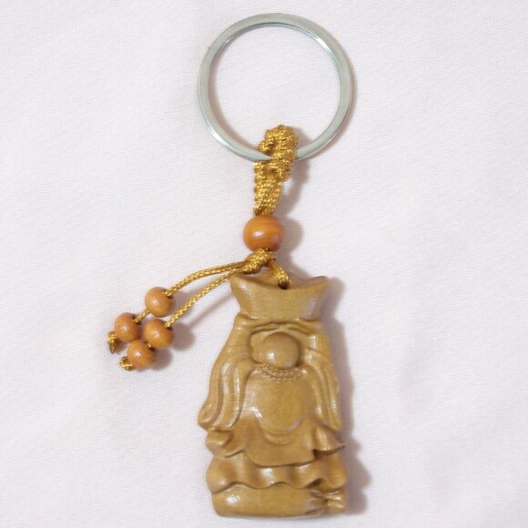 Laughing Buddha Keychain Hotei Carved Peach Wood Pendant Abundance Good Luck Fas - Picture 5 of 8